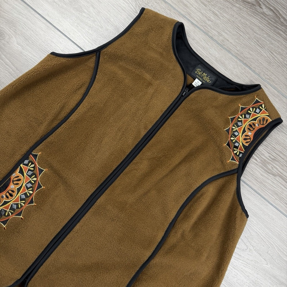 Bob Mackie Women's Wearable Art Sleeveless Embroiled Zip Fleece Vest Brown 1X